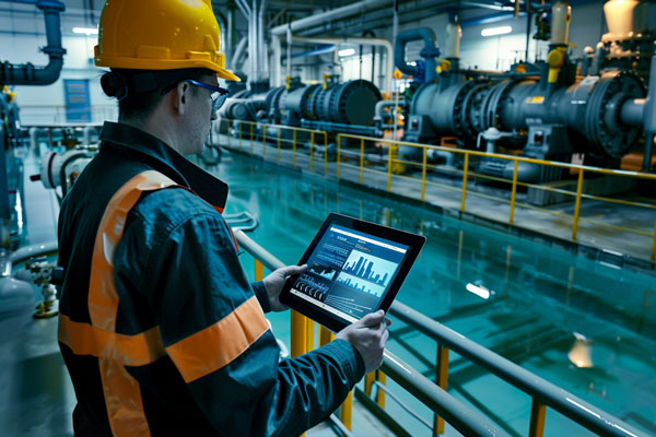 engineer monitoring real time data on a tablet in a modern pump facility, showcasing iot technology integration