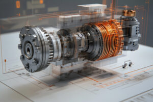 technical exploded view diagram of a reducer attached to an electric motor